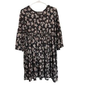 QED London Floral Babydoll Dress Black Pink Bell Sleeve Mini US 4 UK 8
